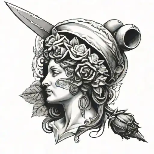 Woman's Head And Black Rose In The Greek Universe Sword Of Damocles