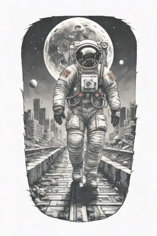Astronaut Walking Down Road In Overgrown Metropolis Crumbling Skyscrapers Under Cosmic Sky