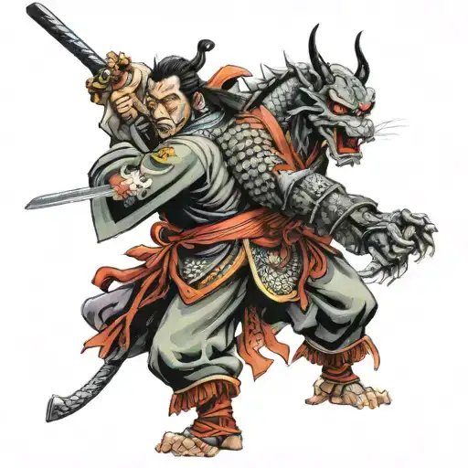 Samurai Fighting With Oriental Dragon With Kabuki Mask