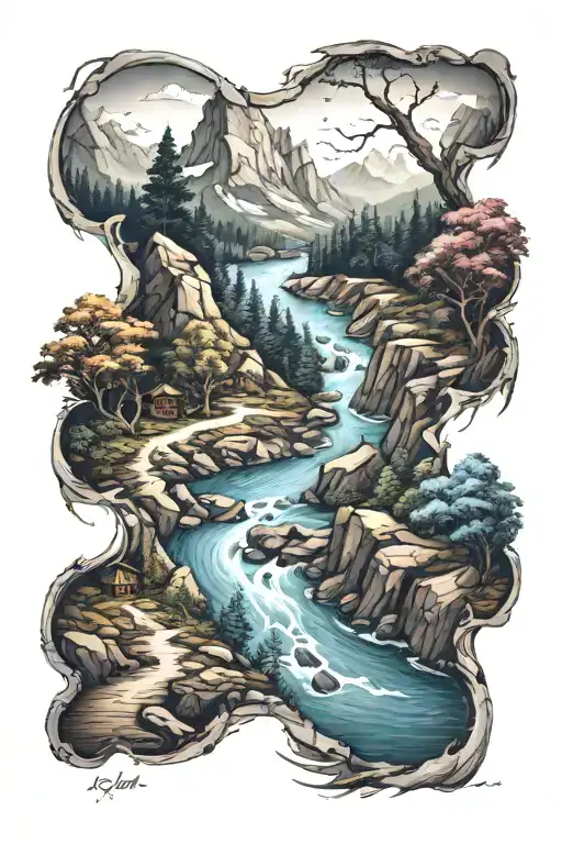 Winding River Up A Mountain Path With Semicolons At Multiple Points Embedded Into Scene