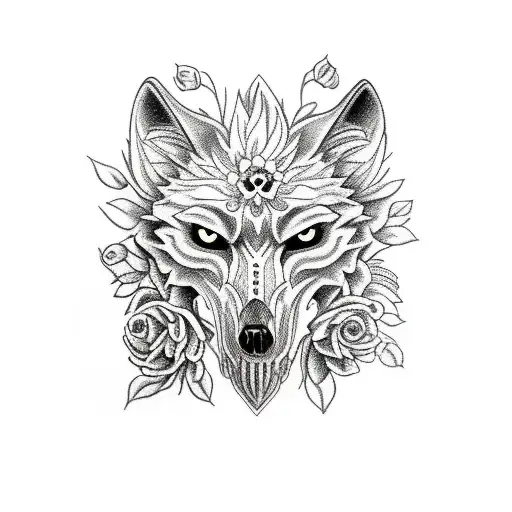 Wolf Skull With Flowers