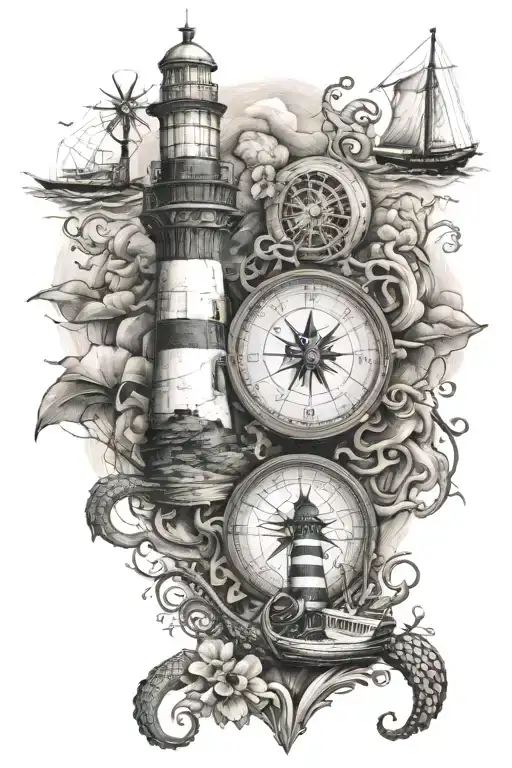 Islands Sea Ship Lighthouse Compass Octopus