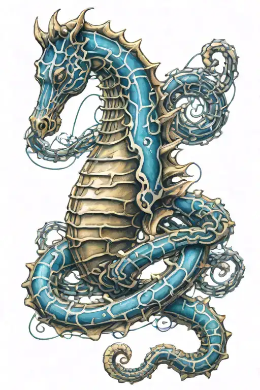 Seahorse On Anchor Chain Realistic Coloured Blue Lines Behind