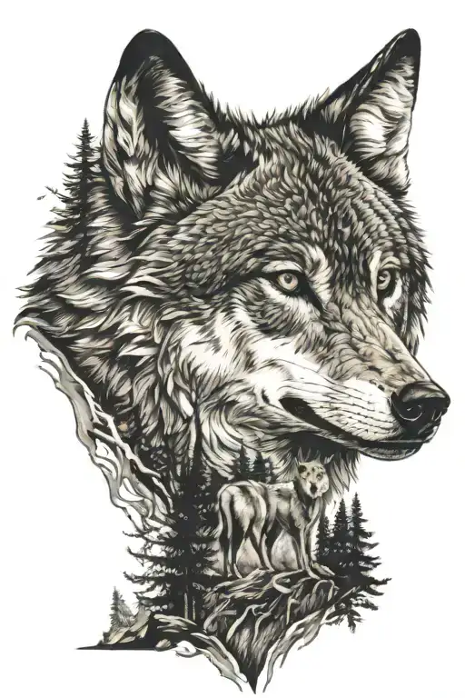 Wolf On A Side Of A Calf And In The Background Forest And A Mountain