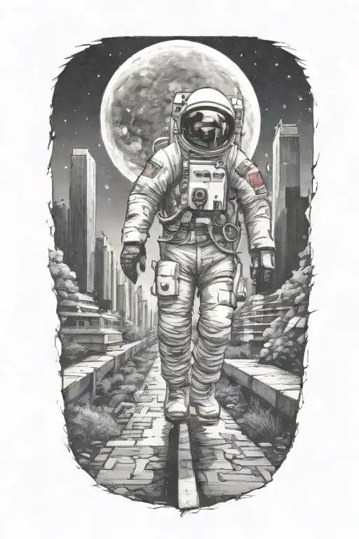 Astronaut On Horse Walking Down Road In Overgrown Metropolis Crumbling Skyscrapers Under Cosmic Sky