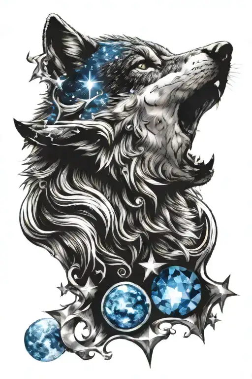 A Wolf Howling At The Moon Surrounded By Blue Sapphire Stars