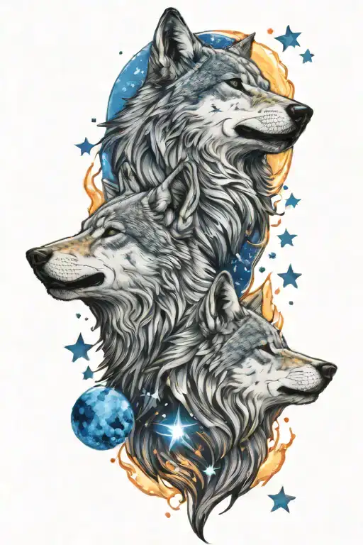 A Wolf Howling At The Moon Surrounded By Blue Sapphire Stars With Fire In Background