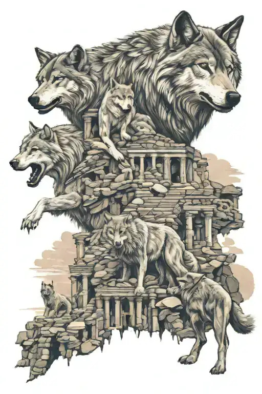 Trust Depicted As A Wolf Leading A Pack Through Ancient Ruins