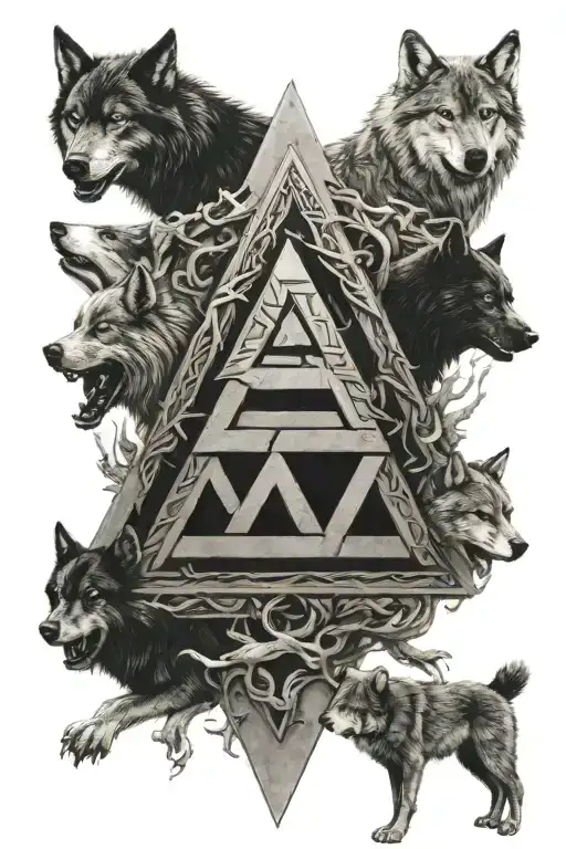 A Norse Valknut Surrounded By Wolves Fending Off Dark Figures