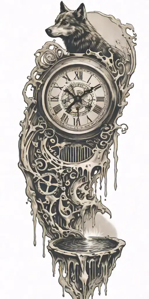 A Clock Melting Into A Puddle Of Music Notes With A Wolf Silhouette Howling In The Background