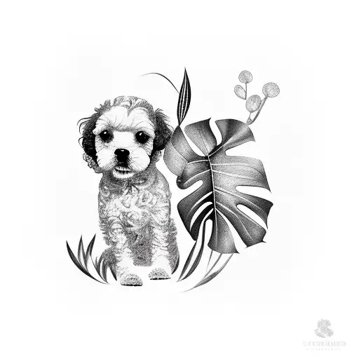 Cavapoo Dog And Monstera Plant