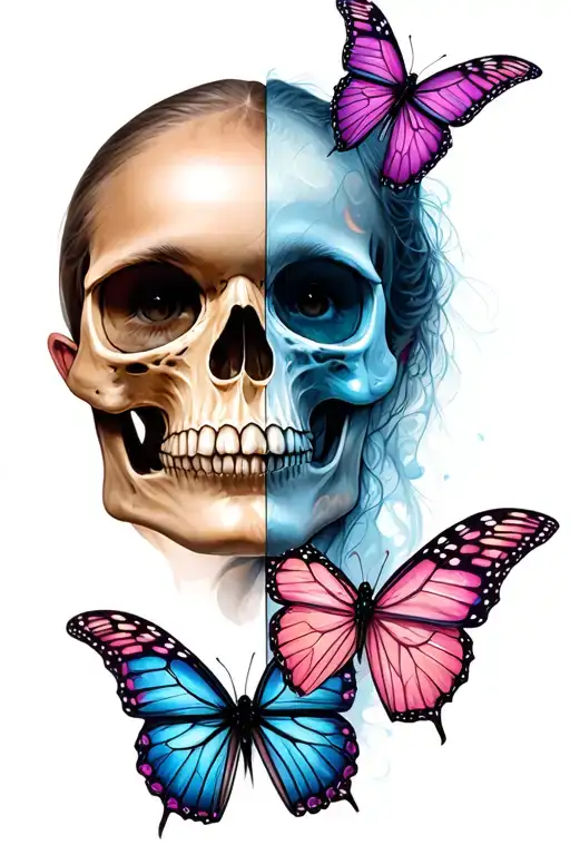 Girl Half Of The Face Skull Half In Color Butterflies