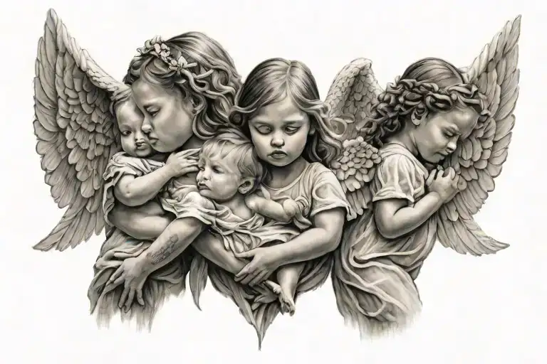 Angel Girl With Wings Wrapped Around Her 3 Little Girls