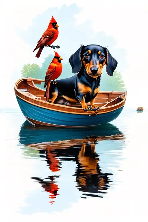 Dachshund And Pontune Boat And Cardinal Perched