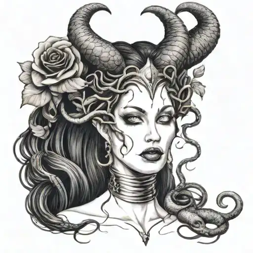 Medusa With Snakes Around Her Neck With Maleficent Horns And Surrounded By Roses
