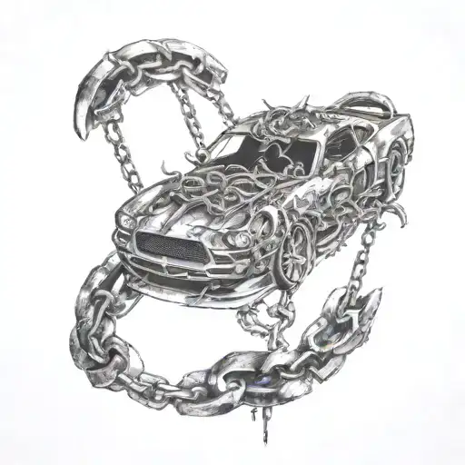 Cross And Chains Fading Into A Demon Face Into A Racecar