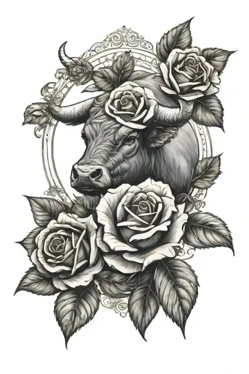 Ox Zodiac Symbol Rose Surround Leaves Creative Future