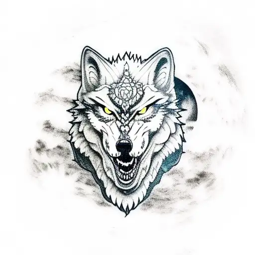 A Lone Wolf Howling At The Moon With A Dragon Beside It