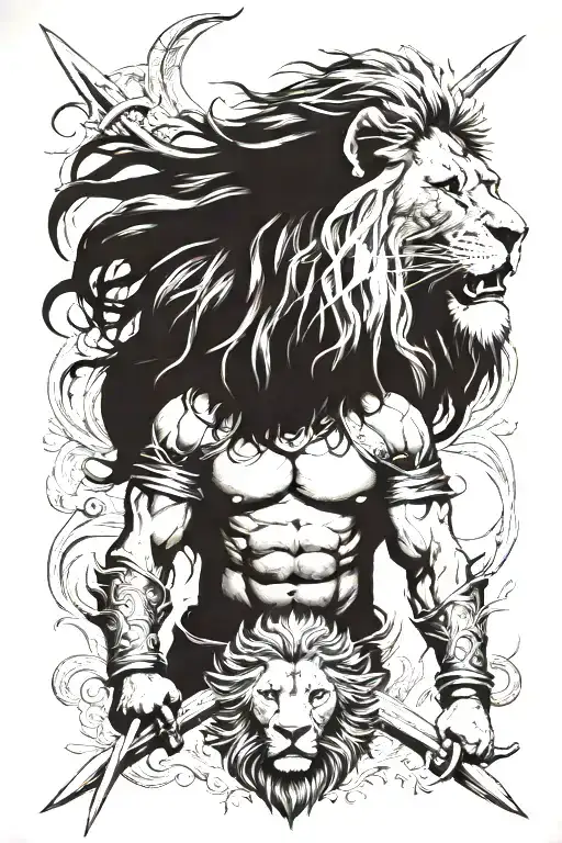 Worrier Men With Swords And Lion Head