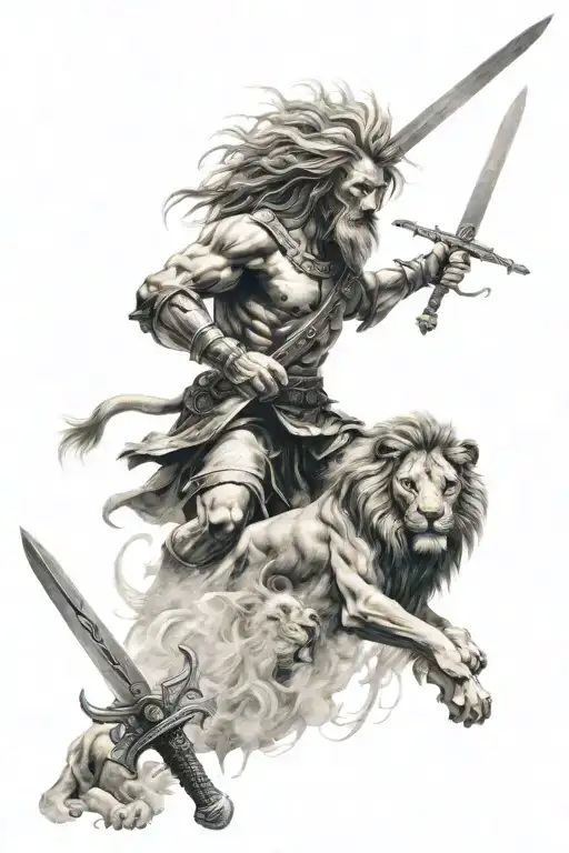 Worrier Men With Swords And Lion Head Surrounded