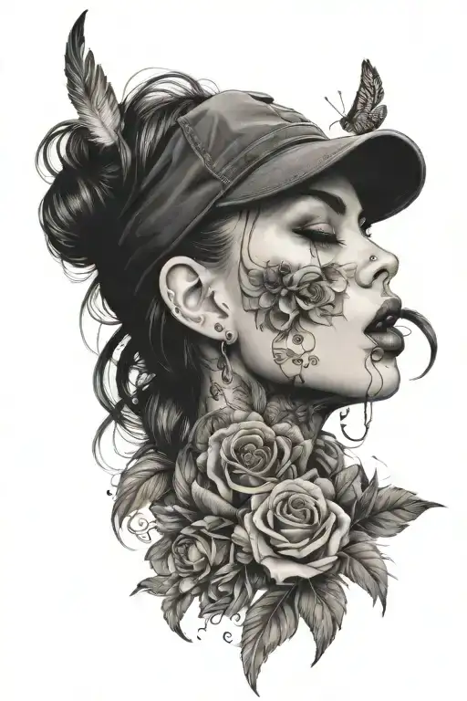 Pretty Girl With A Tongue Piercing Surrounded By Roses And A Feather