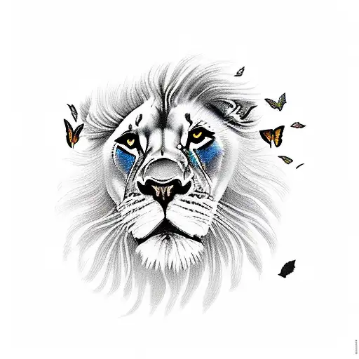 A Majestic Lion Surrounded By A Vibrant Landscape Of Sunflowers And Butterflies