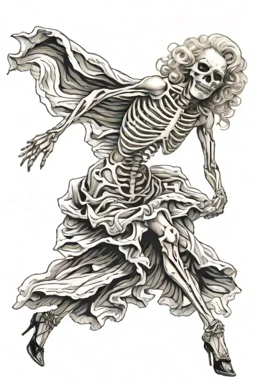Human Skeleton In A Dress Blown By The Wind In A Pose Like Marilyn Monroe