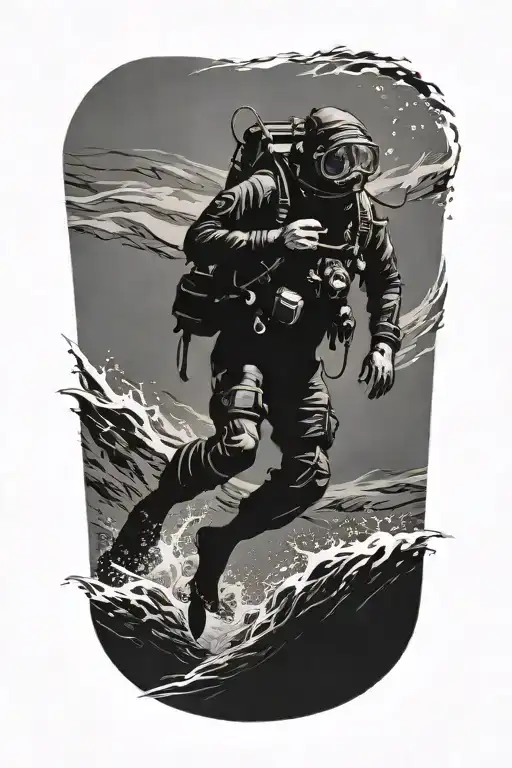 Male Horzonal Scuba Diver Silhouette Exploring The Open Ocean Surrounded Only By Water