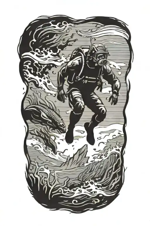 Male Horizontal Scuba Diver Silhouette Exploring The Open Ocean Surrounded Only By Water