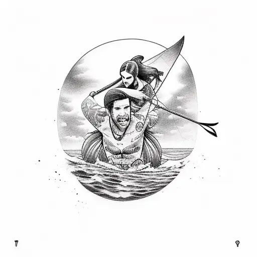 A Mermaid Riding A Wakeboard While Holding A Man On Her Shoulder