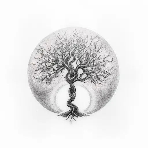 Tatoo Of A Tree Of Life Under A Full Moon Light And Mist