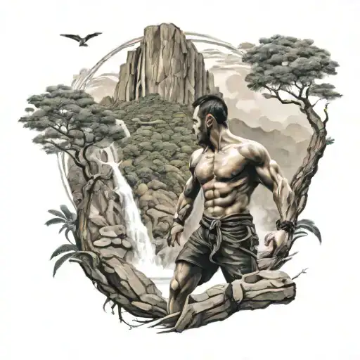 A Mountain Landscape With A Waterfall And A Muay Thai Fighter Training In The Foreground