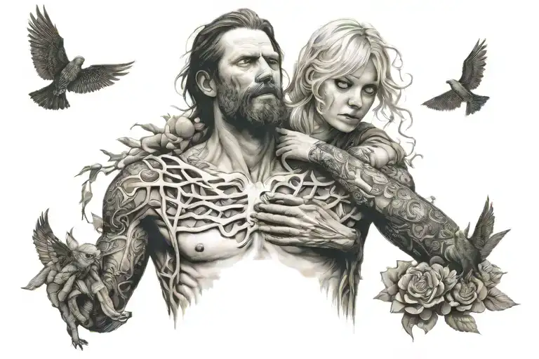 Chest Tattoo Featuring Laura And The Keeper From The Evil Within Game
