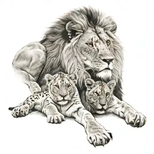 Lion And Lioness With 4 Cubs Below