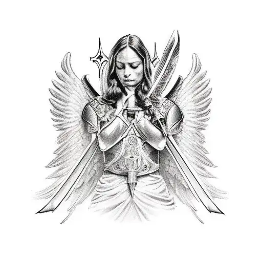 Archangel Azreal Kneeling With A Sword And Angel Wings