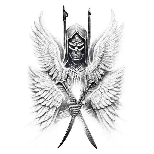 Archangel Of Death Kneeling With A Sword And Angel Wings