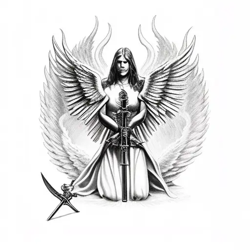 Archangel Of Death Kneeling With A Sword And Angel Wings