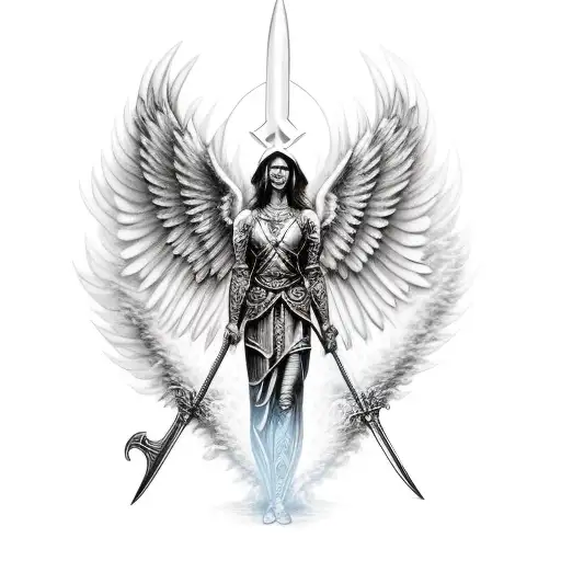 Archangel Of Death Kneeling With A Sword And Angel Wings