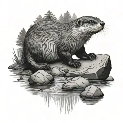 Black And Grey Tattoo Of Otter With Trees And Rocks And Water