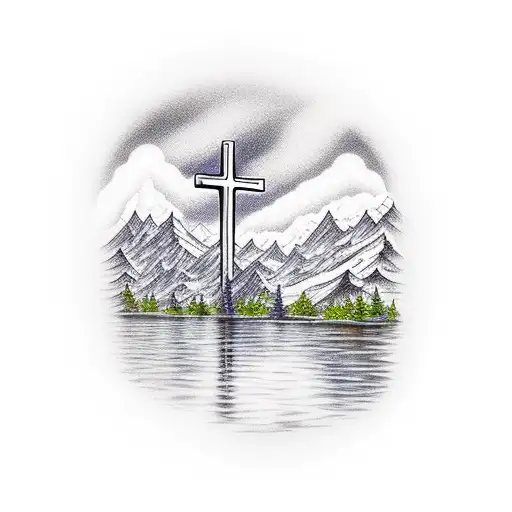 Glowing Cross In Beautiful Scenery With Mountains And A Lake