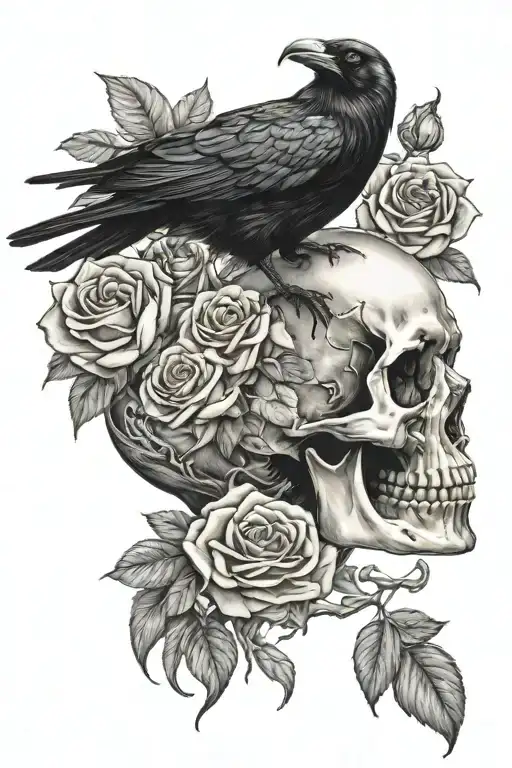 Large Raven Perched On Human Skull Surrounded By Roses