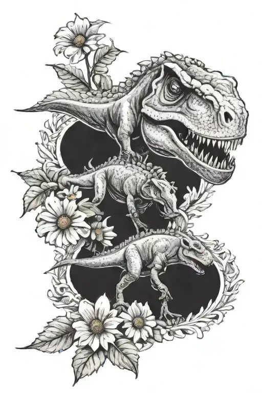 Two T Rex With Daisy Flowers And Holly Flowers