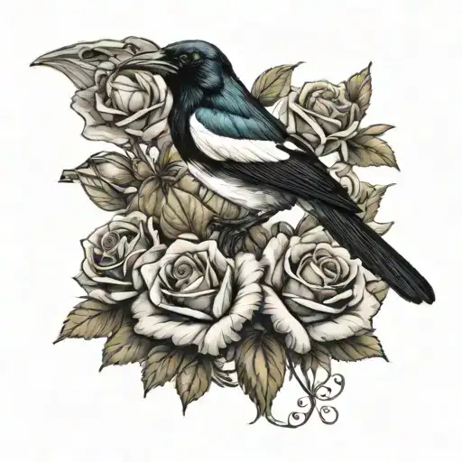 Magpie And Roses With Frog Sitting