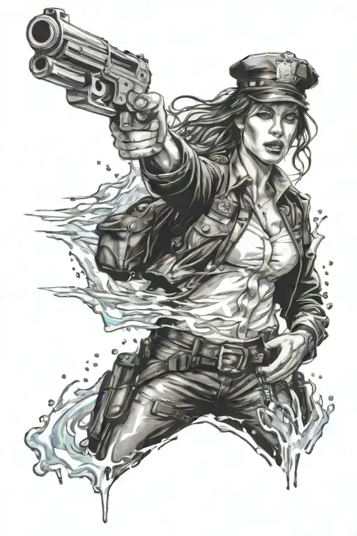 Wet Woman Police Officer Holding A Gun Surrounded With Water