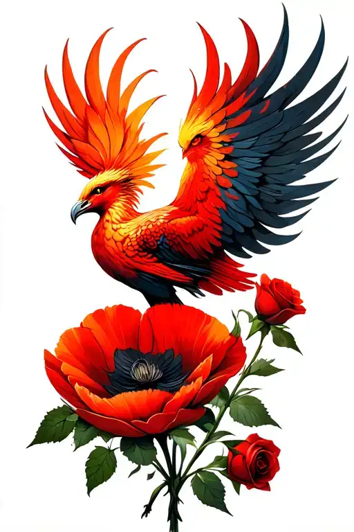 Red Orange Phoenix Standing On Poppy Flower A Gladiolus Flower And Red Roses
