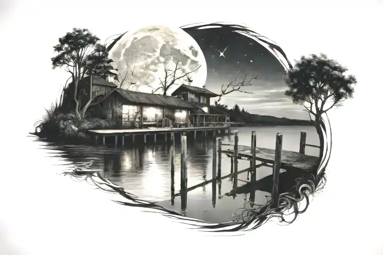 The Moon Illuminates The Lake And The Pier