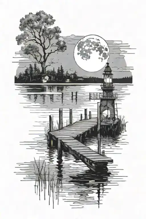 The Moon Illuminates The Lake And The Small Pier
