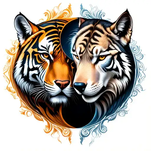Incorporate A Tiger And Wolf In A Yin-yang Design With Intricate Calligraphy Surrounding Them