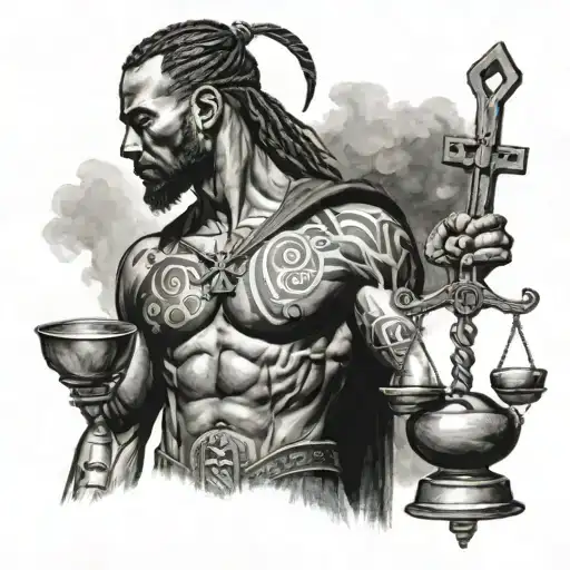 Black Warrior Holding Libra Scale And A Cross