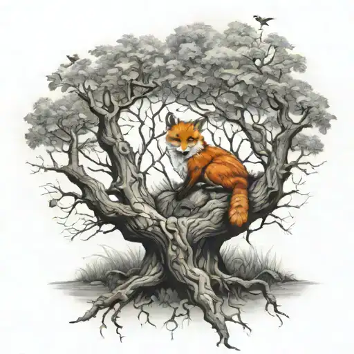 Tree With A Wren Bird On A Limb And A Fox Sleeping In The Roots At The Base Of The Tree